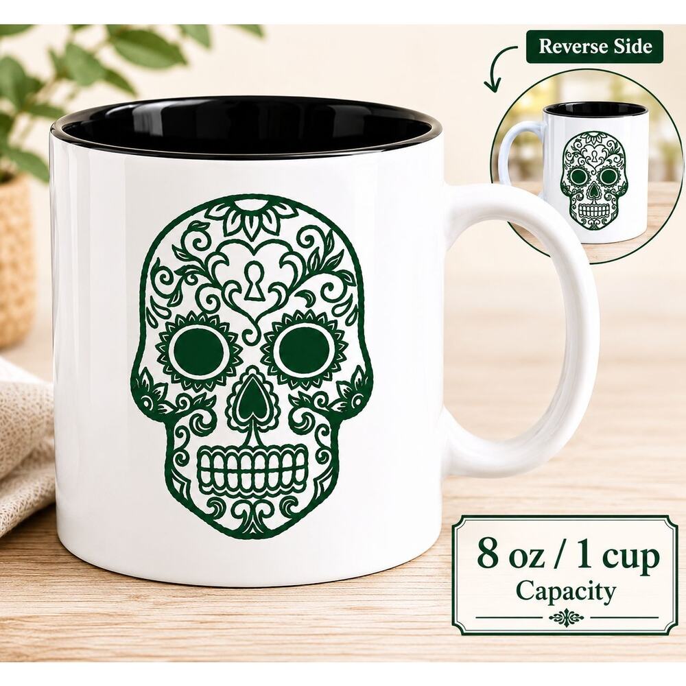 8 oz Sugar Skull Ceramic Coffee Mug White Black Interior Light Green Design